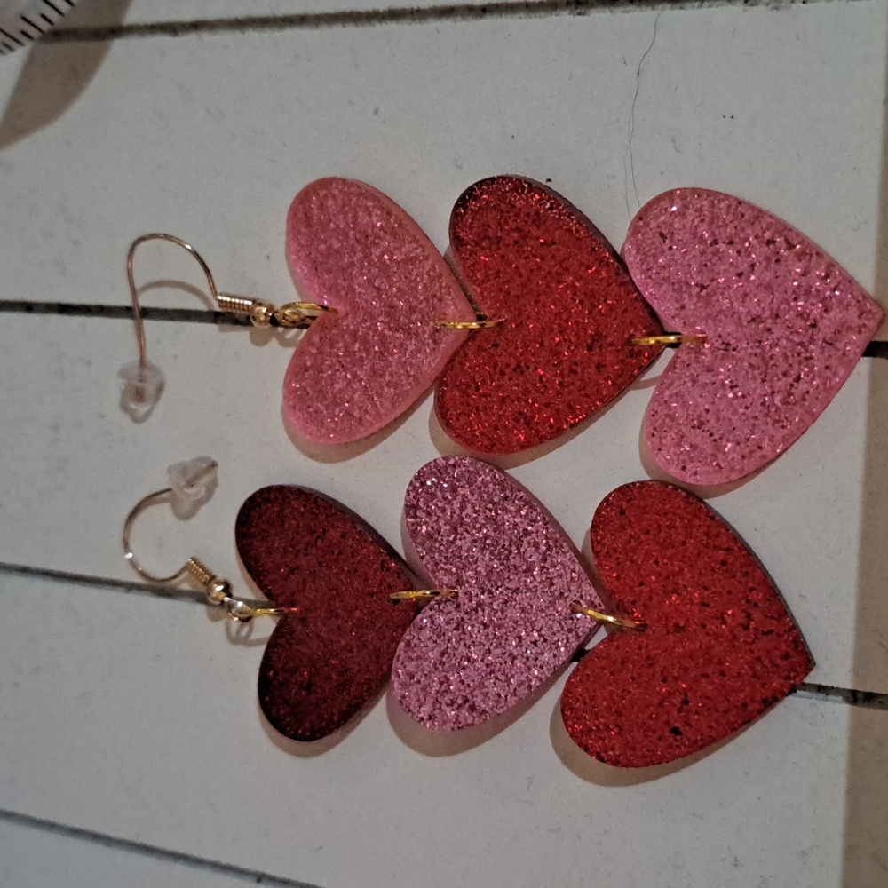 NWT Pink and Red Heart Sparkle Earrings